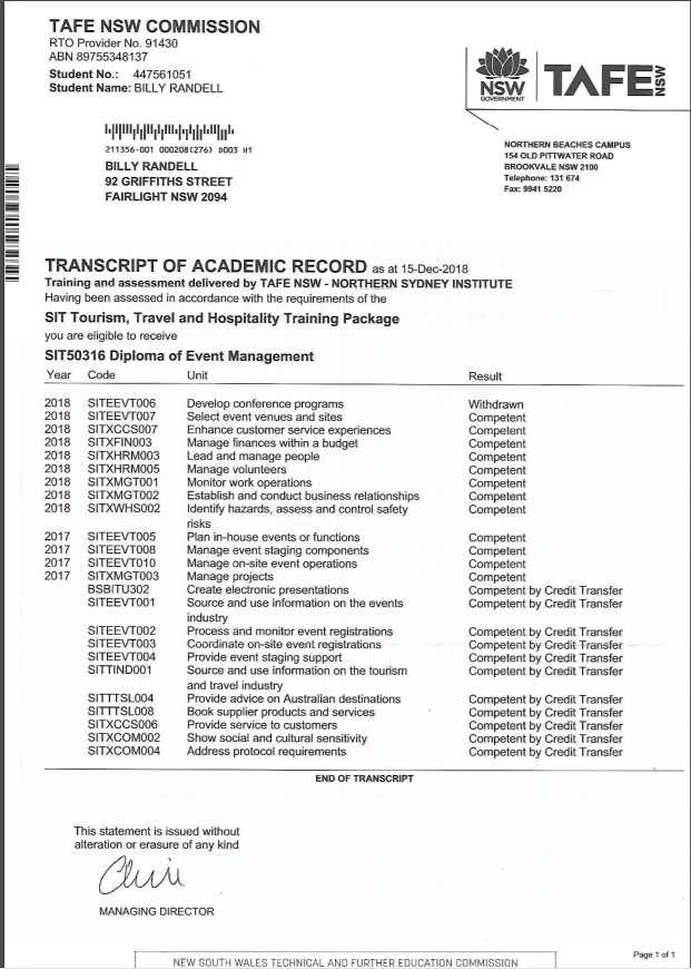 TAFE Transcript of Academic Record UC Portfolio